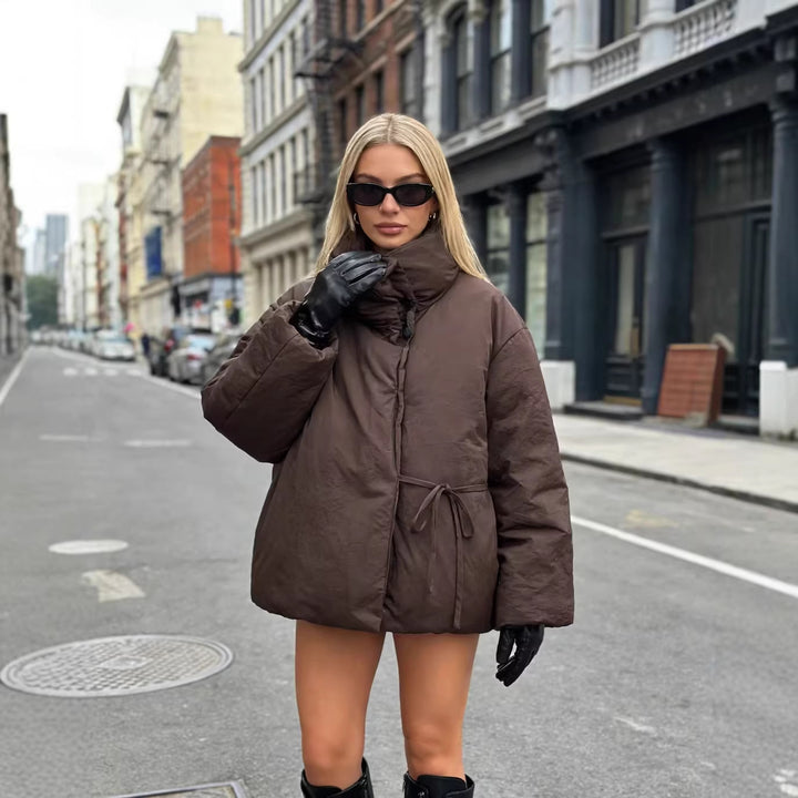 Women's Oversized Quilted Jacket with High Stand Collar and Waist Belt Mune Fashion
