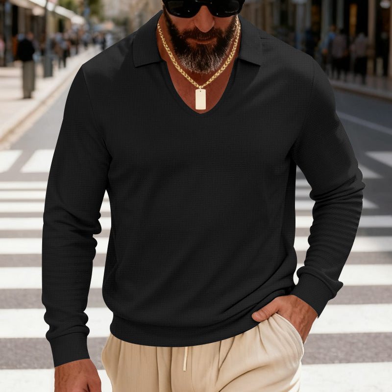 Men's patterned long sleeve polo with V-neck and open kent collar Mune Fashion