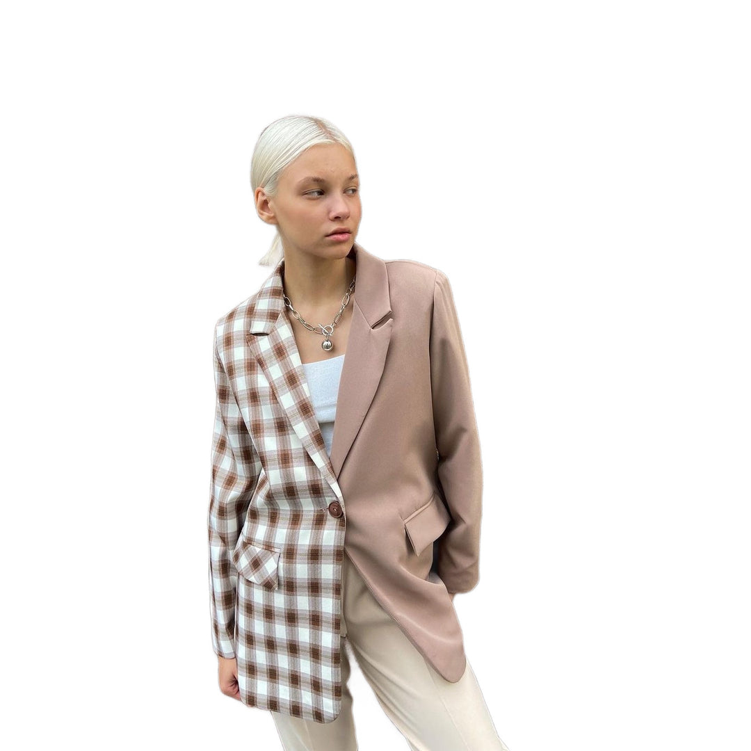 Women's Two-Tone Oversized Blazer with Check Pattern and Notched Lapel Mune Fashion