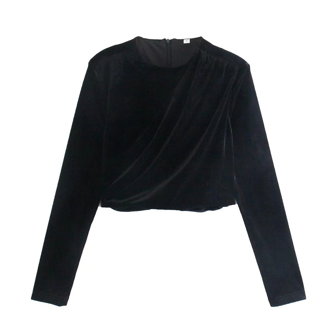 Women Velvet Cropped Blouse with Draping and Round Neck Mune Fashion