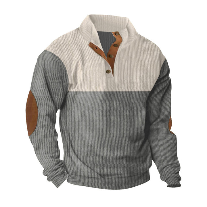 Men's casual knitted sweater with button placket, stand-up collar and elbow patches Mune Fashion