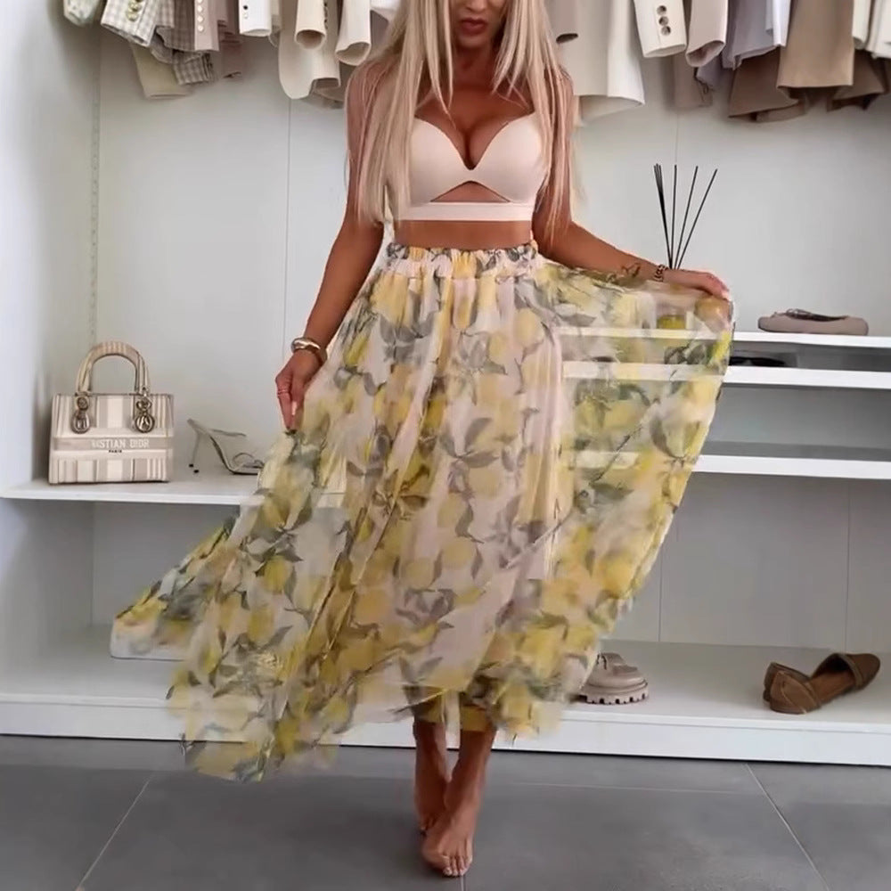 Women's flowing maxi skirt with layered chiffon overlay, elastic waistband and fine floral print Mune Fashion