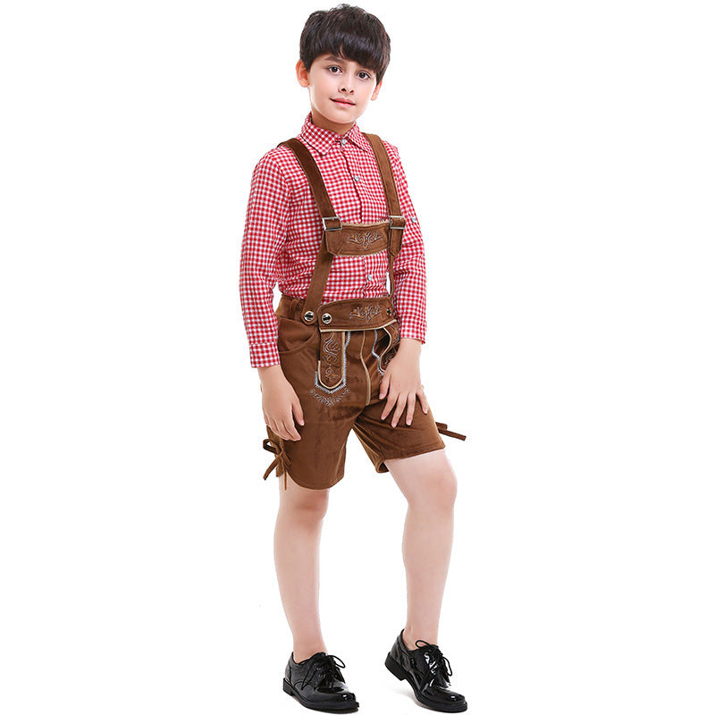 Unisex traditional children's leather trousers with adjustable straps and fine embroidery Mune Fashion