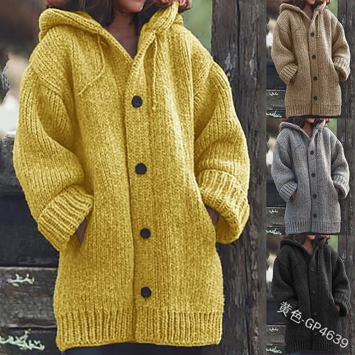 Women's loose-fitting hoodie knit coat with button placket and side pockets Mune Fashion