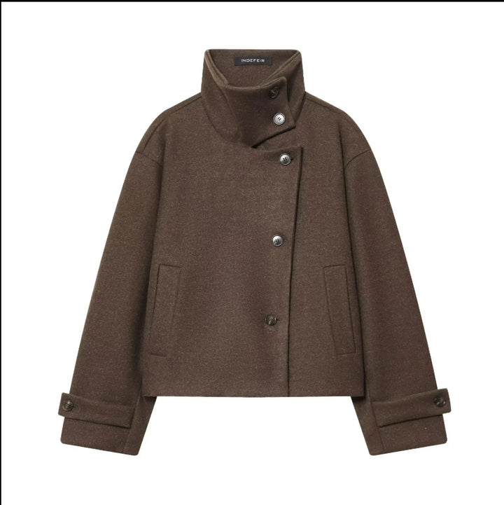 Women's Cropped Wool Blend Short Jacket with High Stand Collar, Asymmetric Button Placket and Cuffed Sleeves Mune Fashion