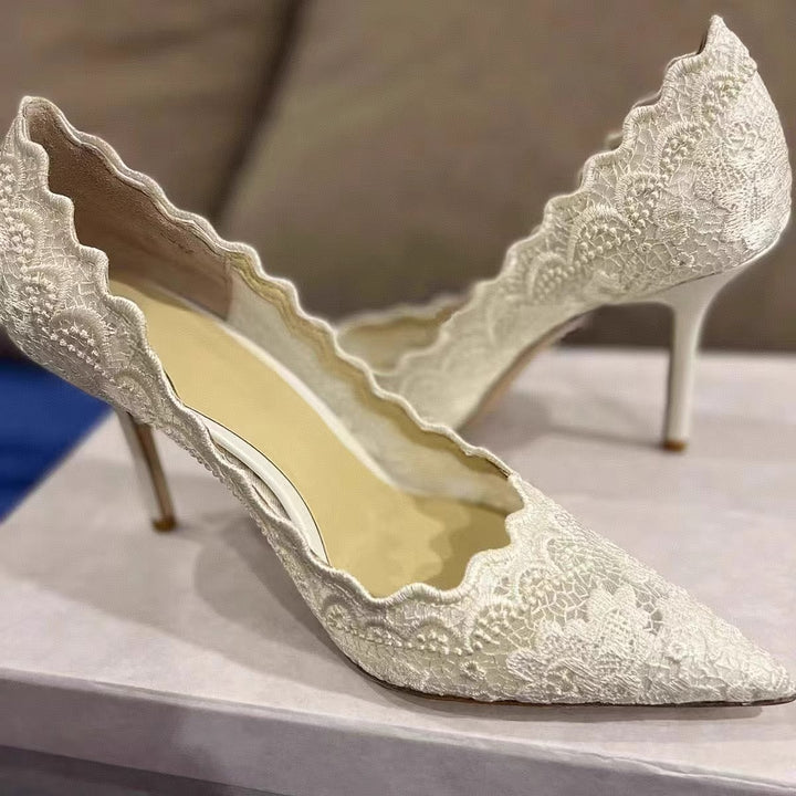 Women's Elegant Lace Pumps with Wavy Edge and Slim Stiletto Heel Mune Fashion