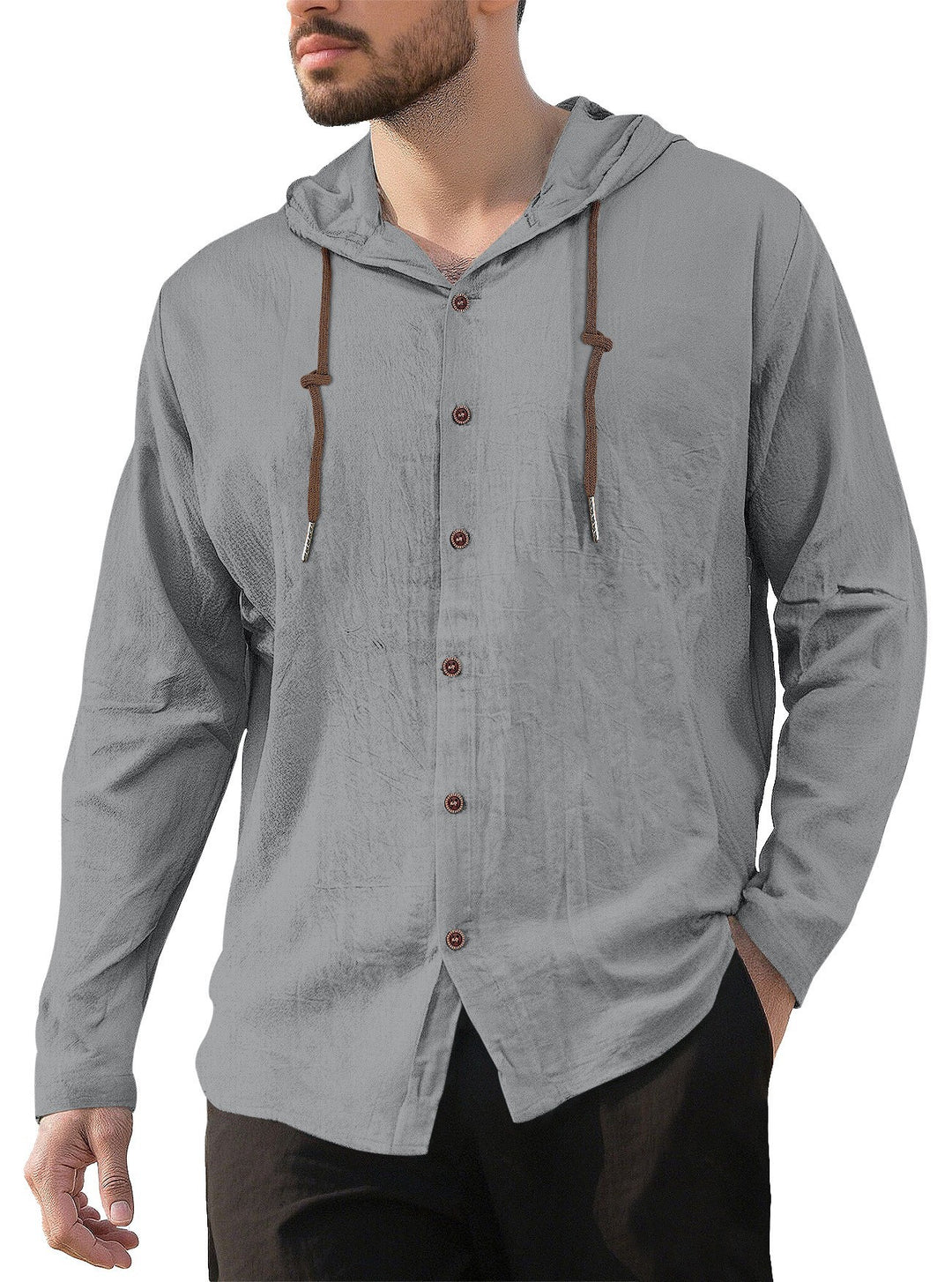 Men's hooded shirt in linen look with button placket and drawstring Mune Fashion
