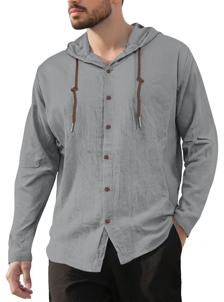 Men's hooded shirt in linen look with button placket and drawstring Mune Fashion