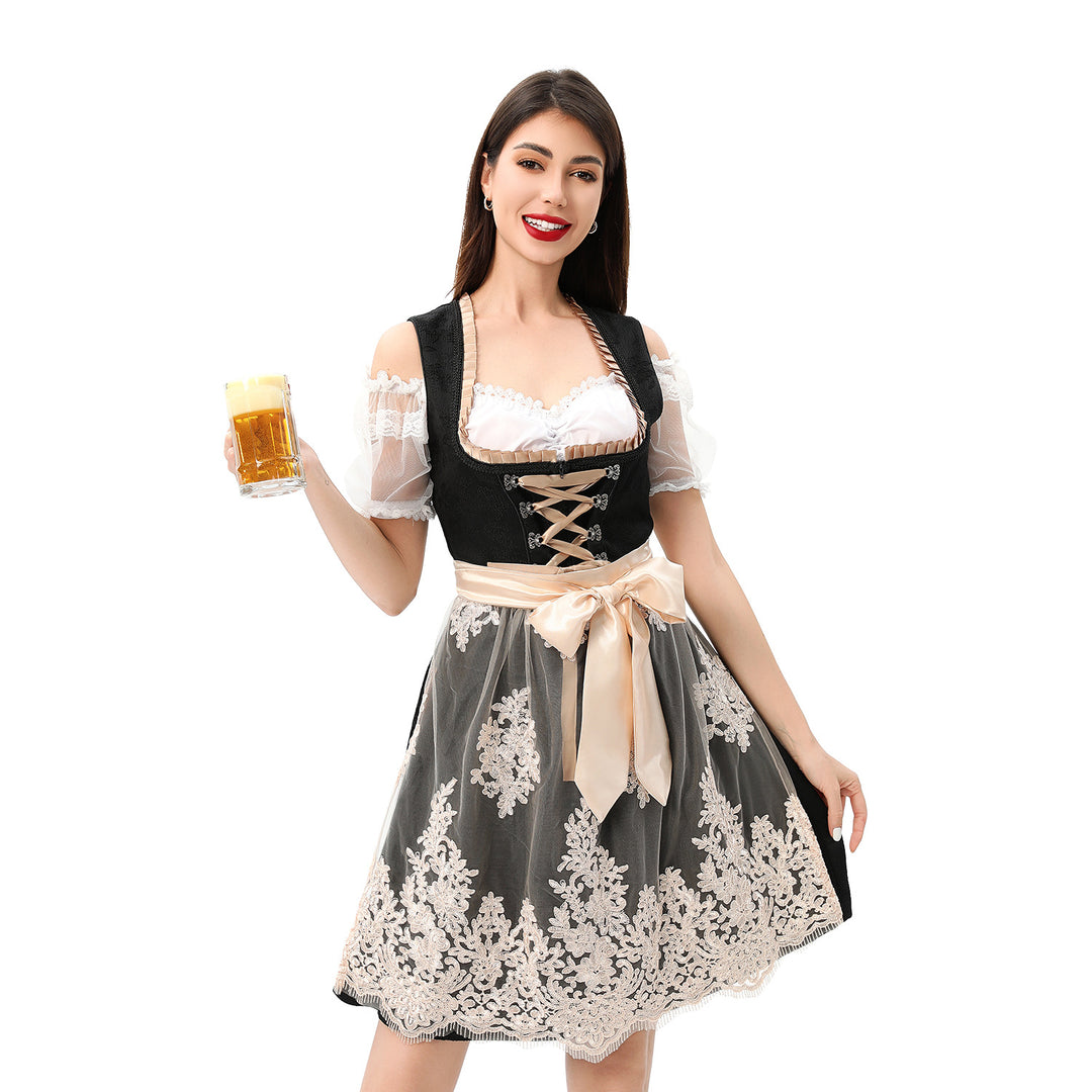 Women's traditional Dirndl dress with lace overlay, corset lacing, and satin ribbon Mune Fashion
