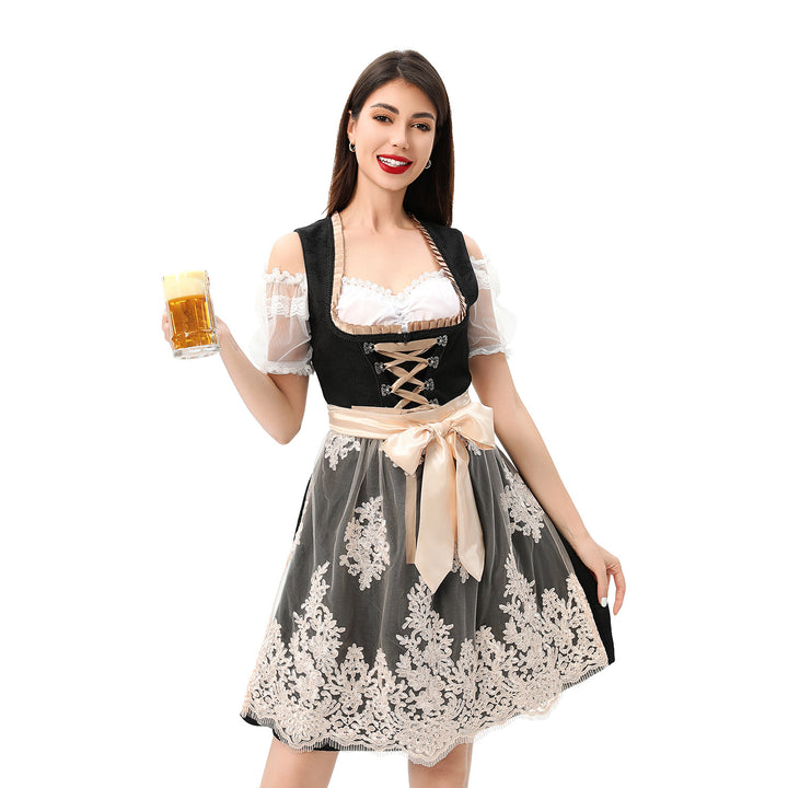 Women's traditional Dirndl dress with lace overlay, corset lacing, and satin ribbon Mune Fashion