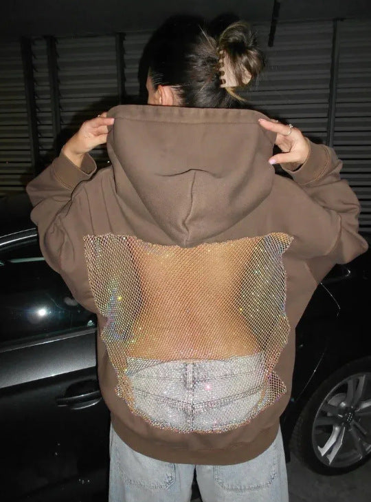 Women's hoodie with glittering mesh back application Mune Fashion