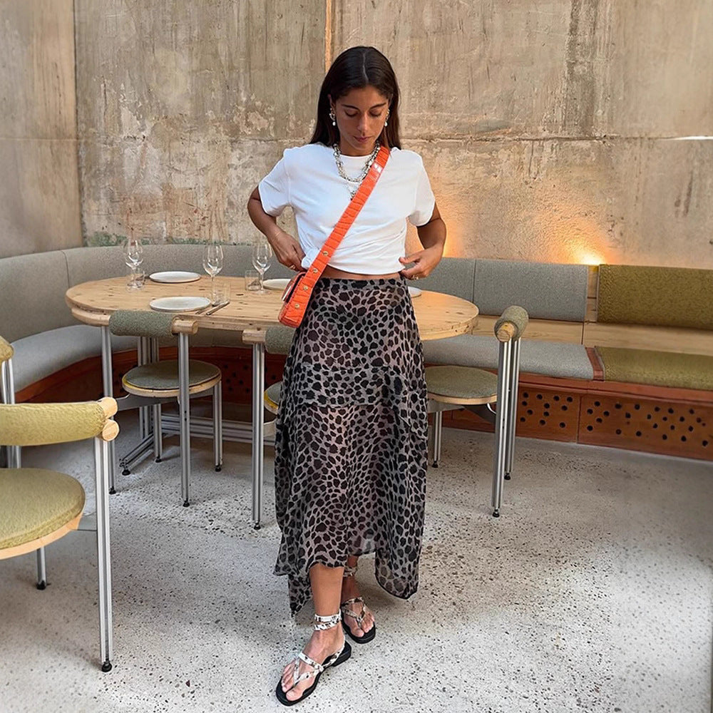 Women's Light Chiffon Midi Skirt with Asymmetrical Hem & Leo Print Mune Fashion