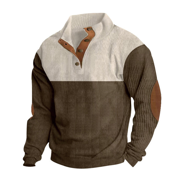 Men's ribbed knit pullover with stand-up collar, button placket and distinctive elbow patches Mune Fashion
