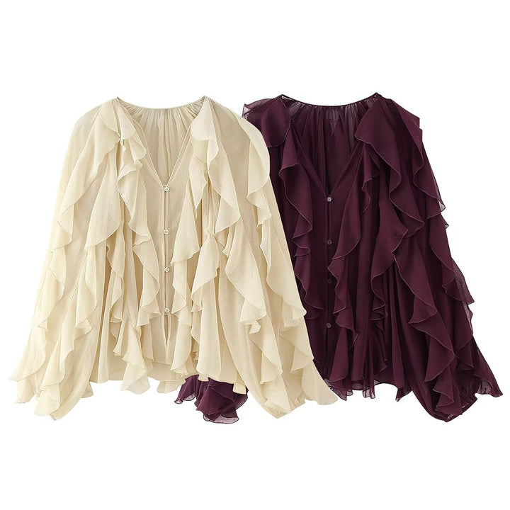 Women's Ruffle Chiffon Blouse with Button Placket, Gathered Neckline and Balloon Sleeves Mune Fashion