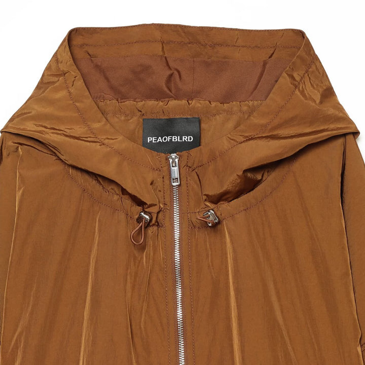 Women's Lightweight Hooded Wind Jacket made of Shiny Nylon with Drawstring and Two-Way Zipper Mune Fashion