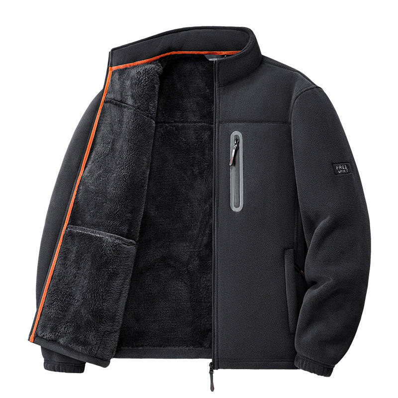Men's nan thermal fleece jacket with high-pile teddy lining, chest zip pocket, and windproof front shell