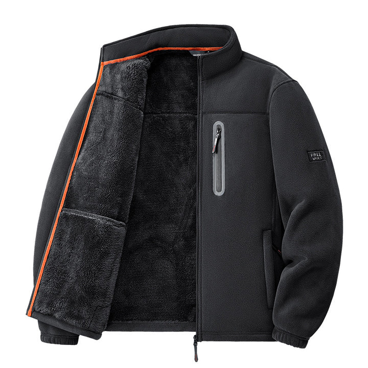 Men's nan thermal fleece jacket with high-pile teddy lining, chest zip pocket, and windproof front shell