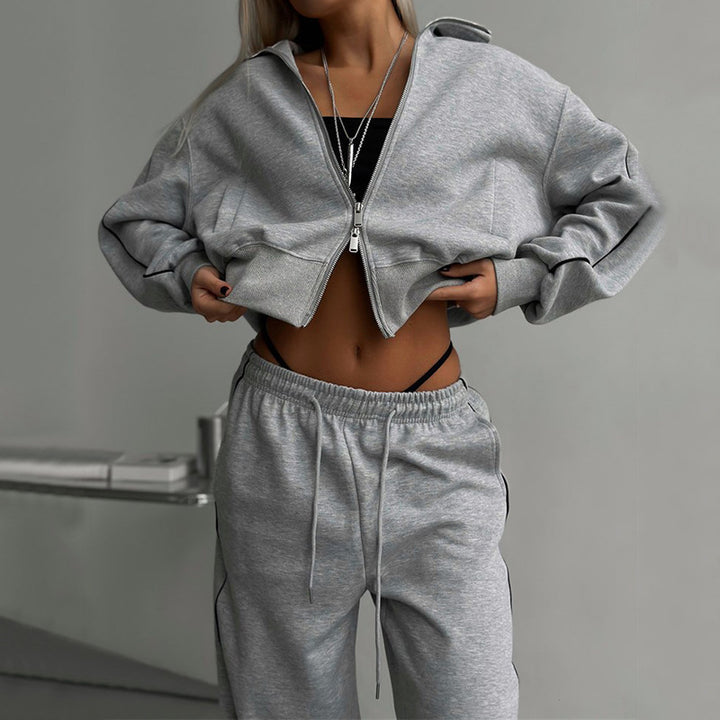 Women's nano short zipper hoodie and high waist jogging pants set with decorative side piping Mune Fashion