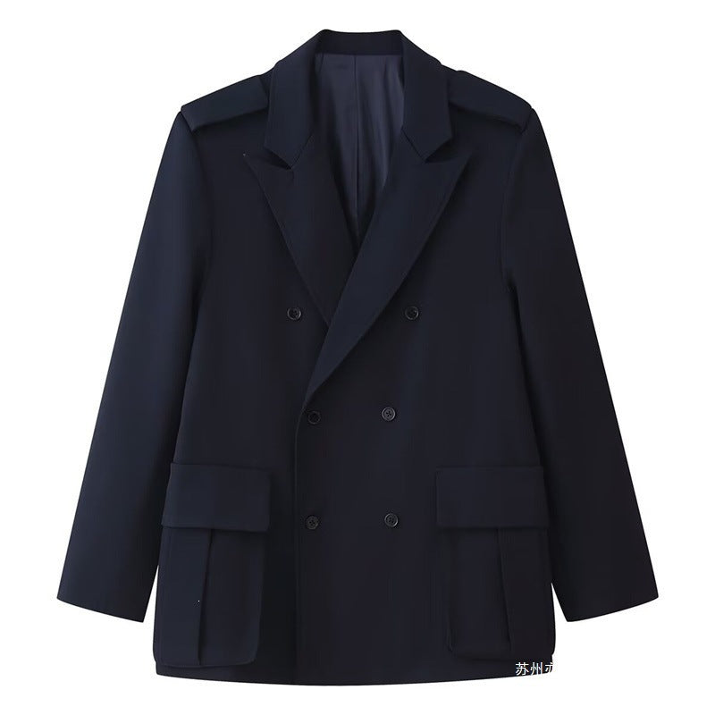 Women Double-breasted Field Blazer with large flap pockets and shoulder epaulets Mune Fashion