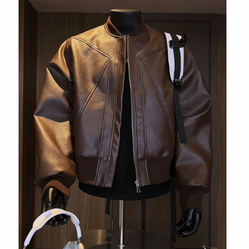 Men's tailored bomber jacket made of structured artificial leather look with stand-up collar and zipper Mune Fashion