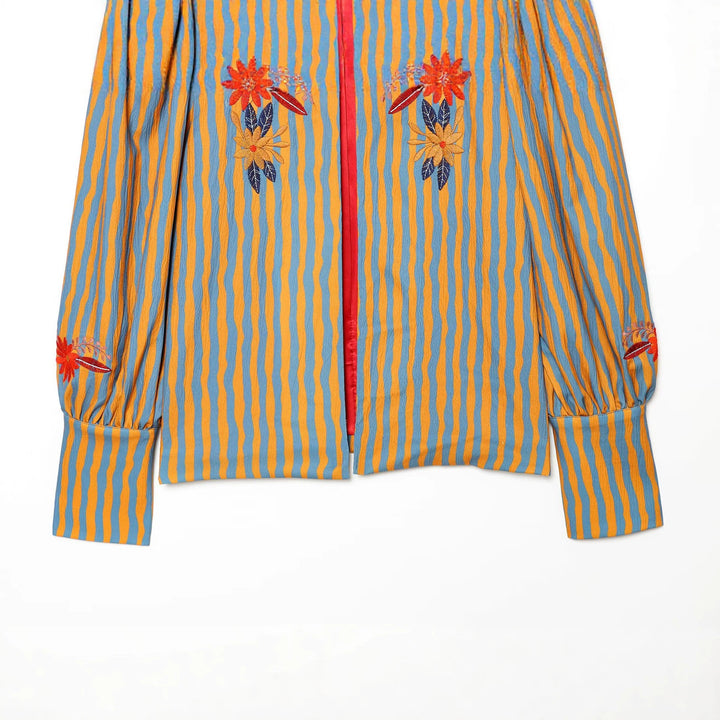 Women's Striped Blouse Jacket with Floral Embroidery and Balloon Sleeves Drune