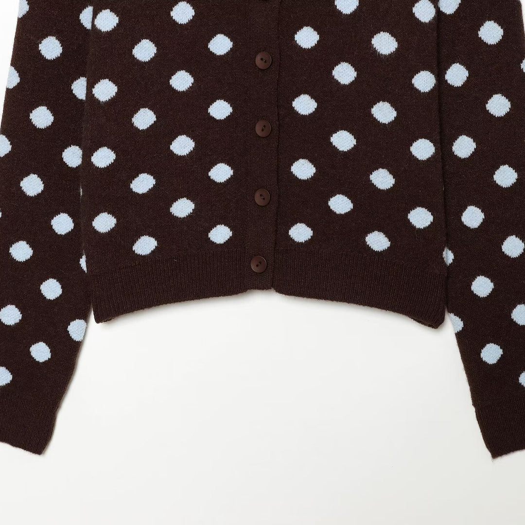 Women’s Short-Cut Dotted Fine Knit Cardigan with Ribbed Cuffs and Button Placket Mune Fashion