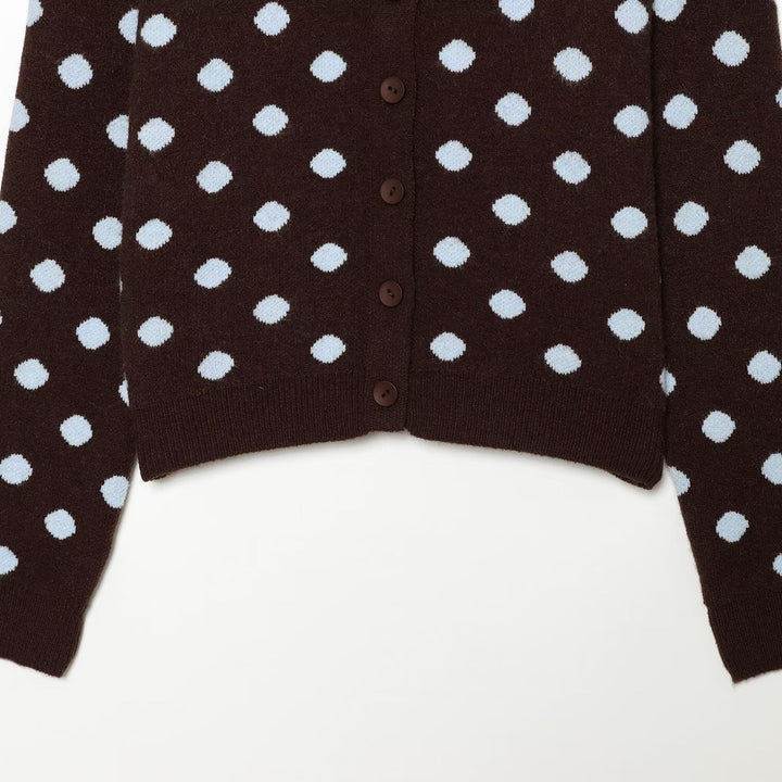 Women’s Short-Cut Dotted Fine Knit Cardigan with Ribbed Cuffs and Button Placket Mune Fashion