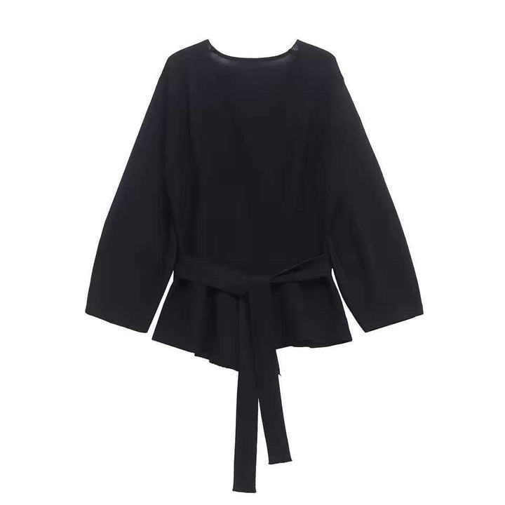 Women Tailored Blouse with Wrap Belt and Peplum Drune
