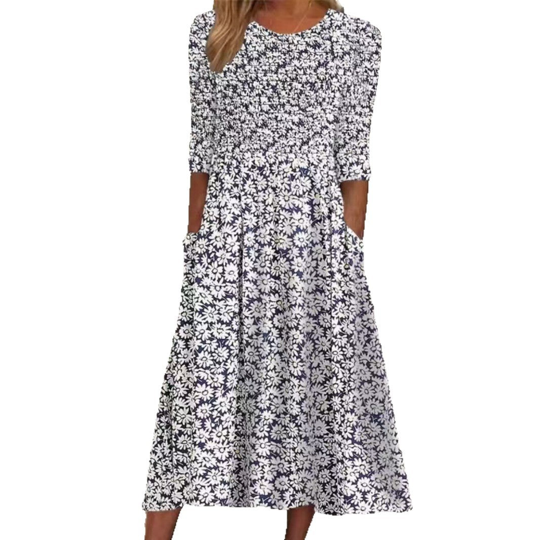 Ladies nan midi dress with ruched smock top, elbow sleeves, and practical side pockets Mune Fashion