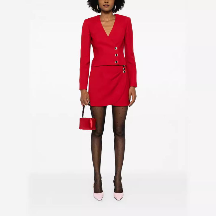 Women's Tailored Blazer Dress Set with V-Neck and Asymmetrical Eyelet Decoration Mune Fashion