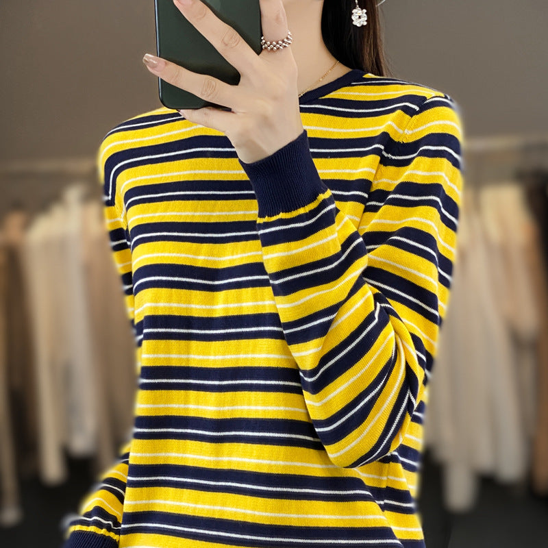 Women's Casual Stripe Fine Knit Sweater with Boxy Silhouette and Contrasting Ribbed Cuffs Mune Fashion