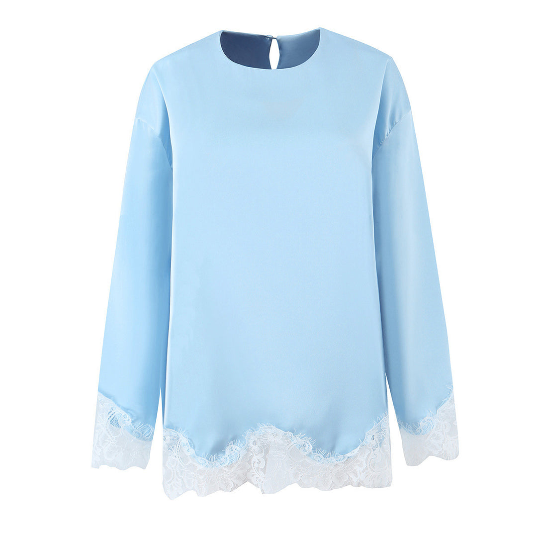 Ladies Elegant Loose Long Sleeve Blouse with Lace Trim at the Hem and Sleeves Mune Fashion