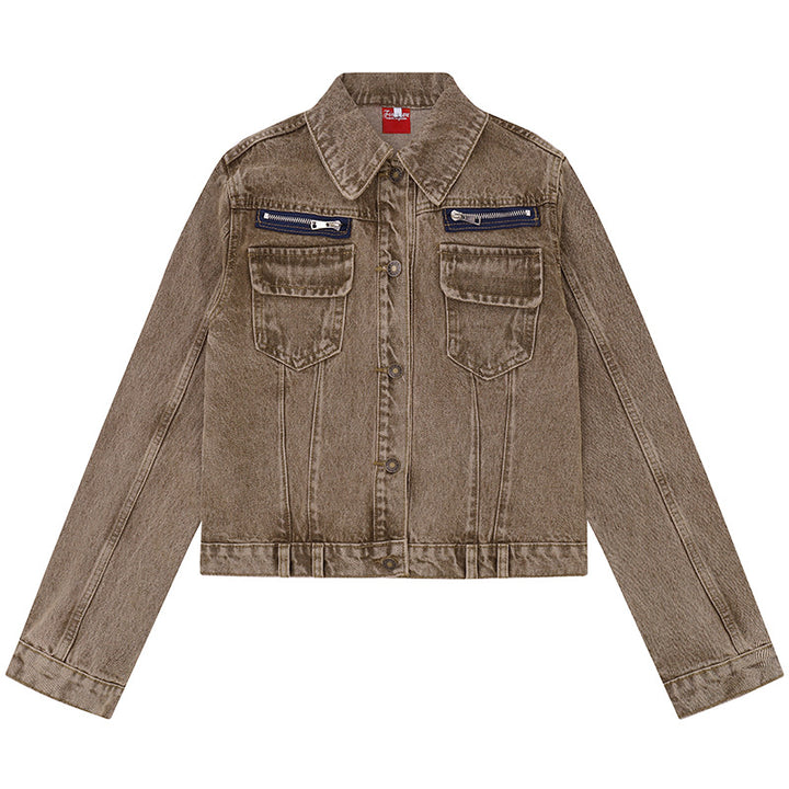 Women's short vintage denim jacket with chest pockets, zipper detail and button placket Mune Fashion