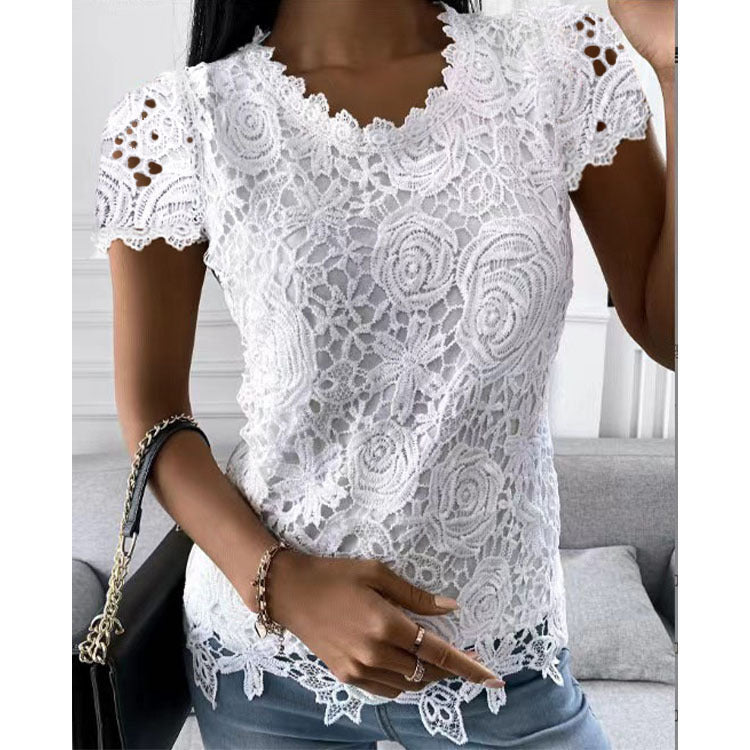 Women's lace top with V-neck, tailored silhouette and romantic wave hem Mune Fashion