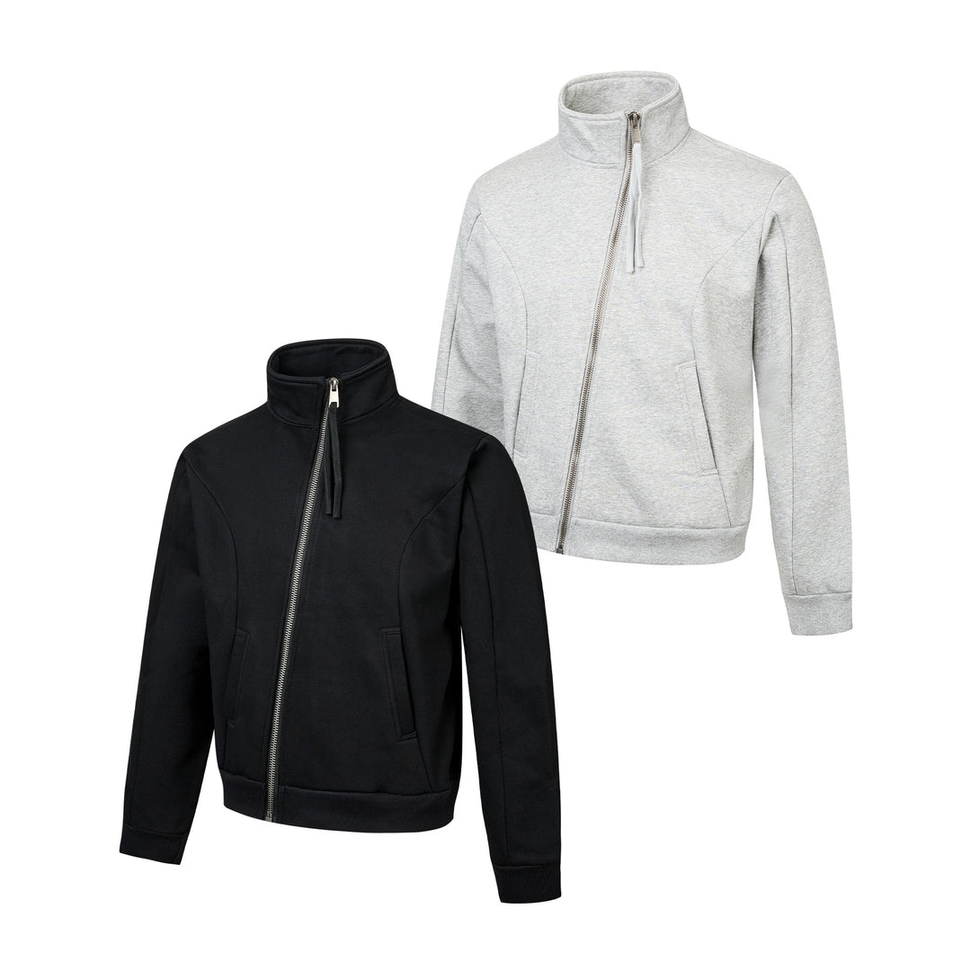 Unisex Short-cut Sweat Jacket with High Stand-up Collar and Asymmetrical Zipper Mune Fashion