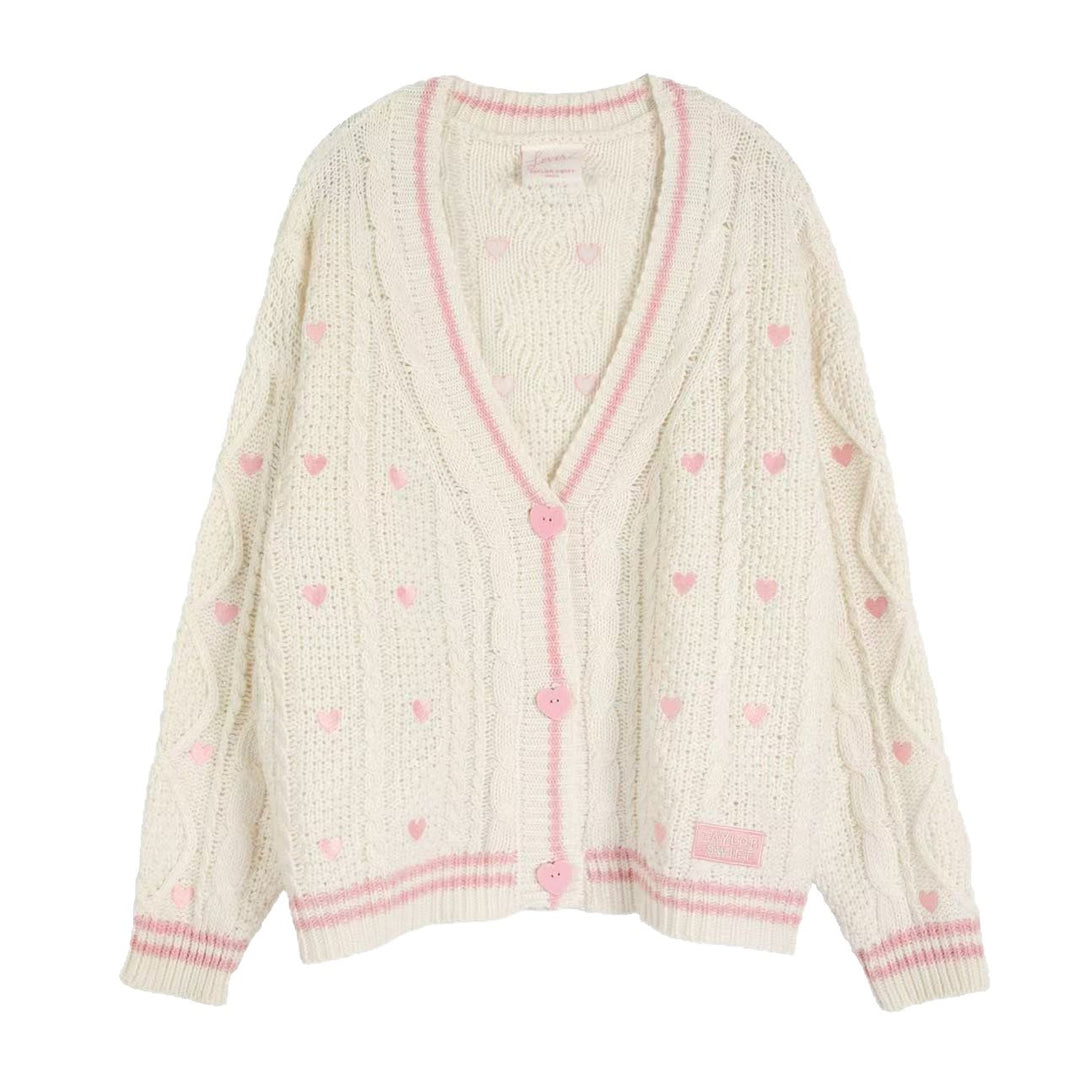 Women’s chunky knitted V-neck cardigan with heart appliqués and decorative heart buttons Mune Fashion