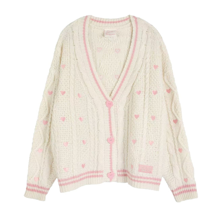 Women’s chunky knitted V-neck cardigan with heart appliqués and decorative heart buttons Mune Fashion