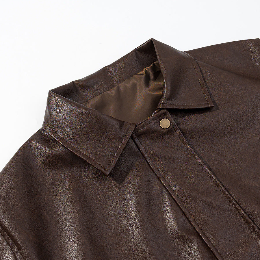Women's casual faux leather bomber jacket with shirt collar, patch pockets, and elastic hem Mune Fashion