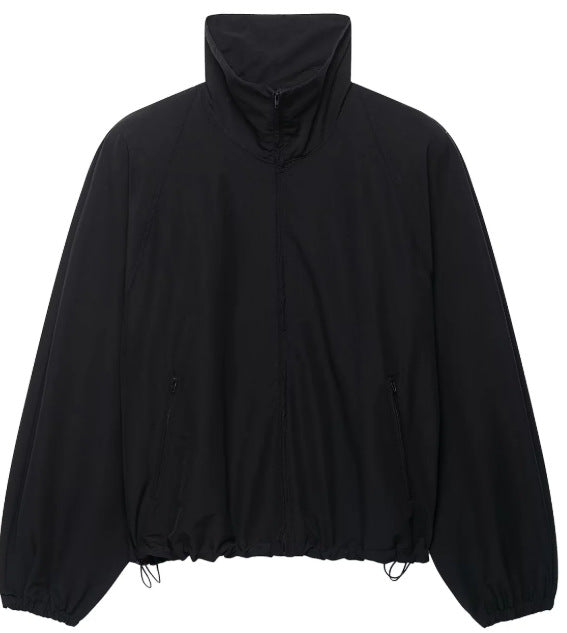 Women's Lightweight Oversized Bomber Style Windbreaker with High Standing Collar and Drawstring Mune Fashion