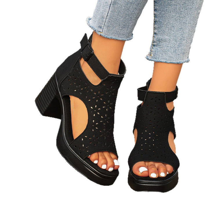 Women  Cut-Out Ankle Sandalette with mid-high block heel and perforated suede imitation Mune Fashion