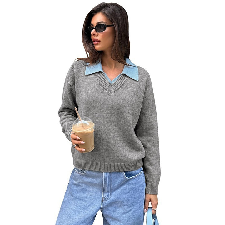 Women's Fashionable V-Neck Sweater with Collar Mune Fashion