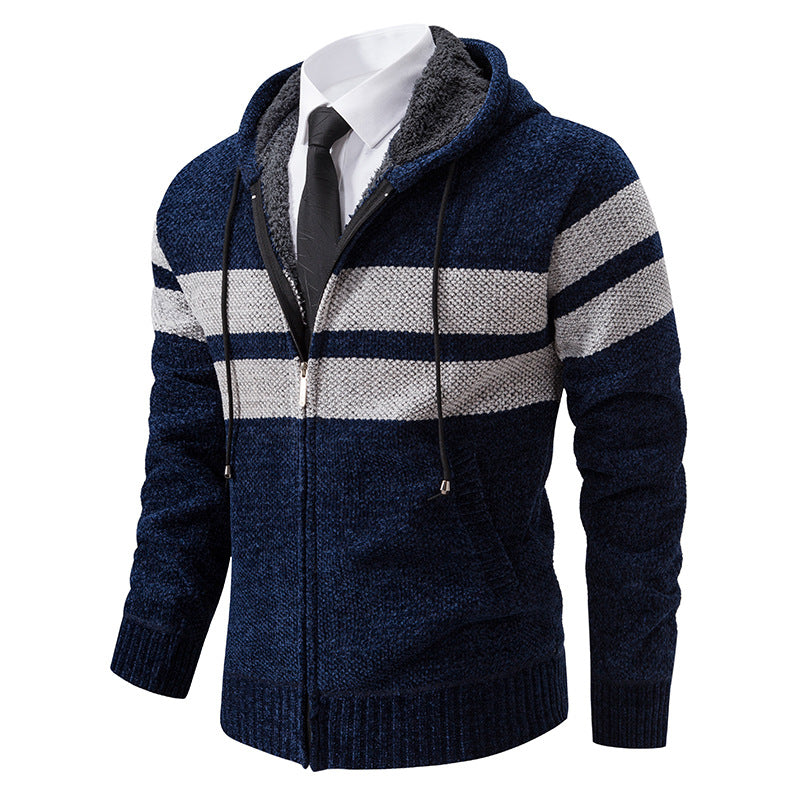Men's knitted hoodie jacket with teddy lining, concealed zipper and contrast stripes Mune Fashion