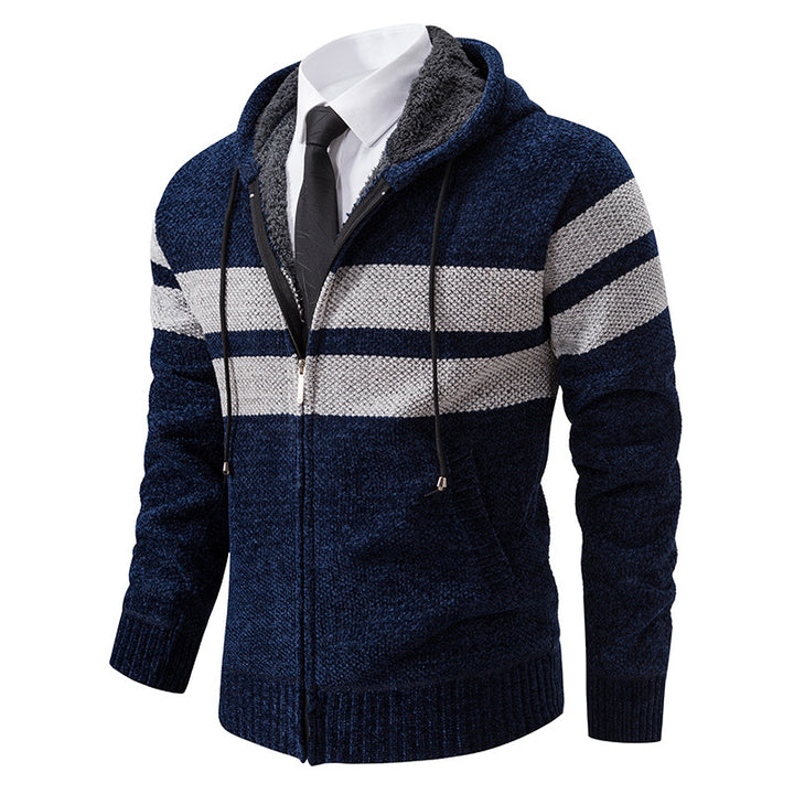 Men's knitted hoodie jacket with teddy lining, concealed zipper and contrast stripes Mune Fashion
