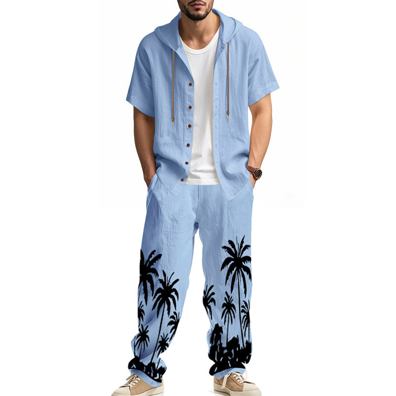 Men's casual summer ensemble with hoodie and wide palm motif pants Mune Fashion