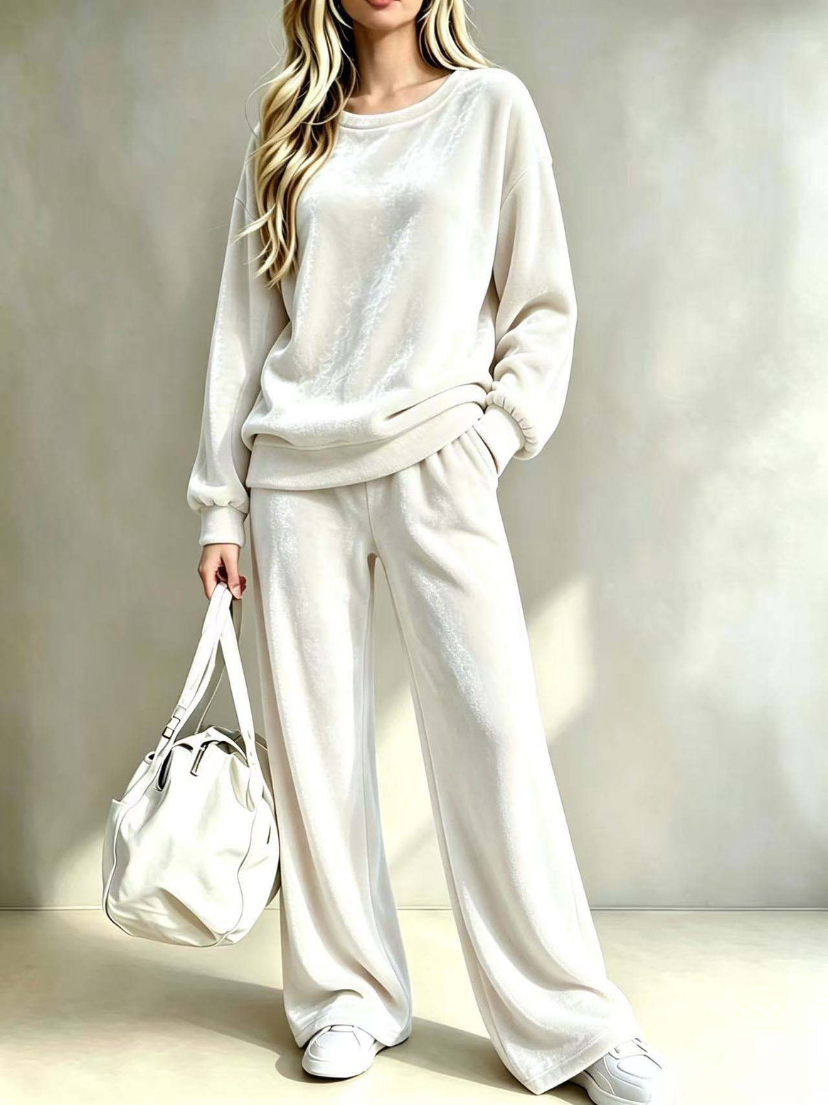 Women's Soft Velour Loungewear Set with Wide Leg and Round Neck Mune Fashion