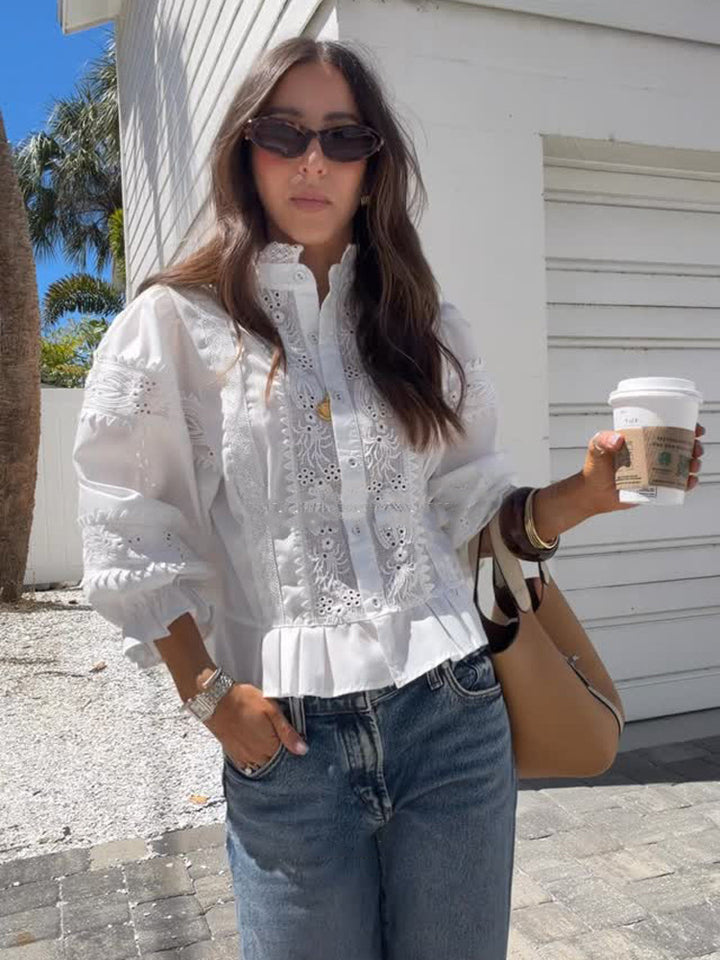 Ladies Broderie-Anglaise blouse with stand-up collar, ruffled hem and balloon sleeves Mune Fashion