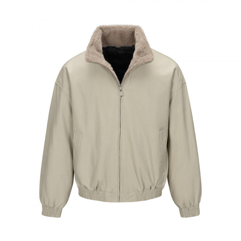 Men's Boxy Bomber Jacket with Teddy Lining and High Stand Collar Mune Fashion