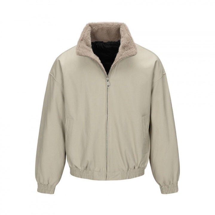 Men's Boxy Bomber Jacket with Teddy Lining and High Stand Collar Mune Fashion