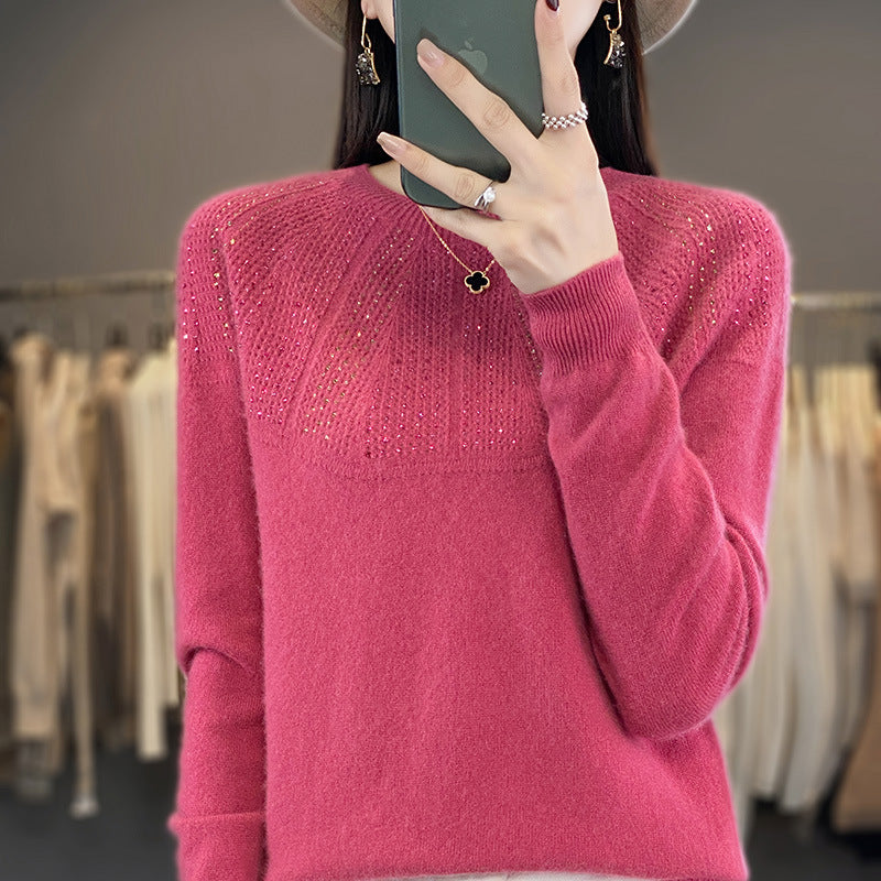 Ladies Soft Cashmere-Look Fine Knit Sweater with Ajour-Yoke and Sequin Trim Mune Fashion