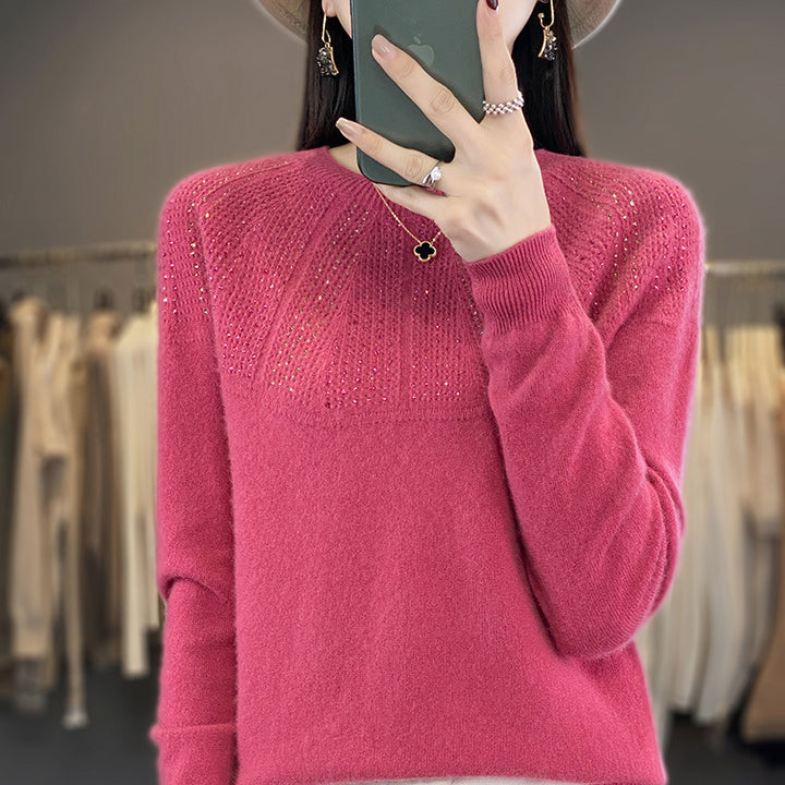 Ladies Soft Cashmere-Look Fine Knit Sweater with Ajour-Yoke and Sequin Trim Mune Fashion